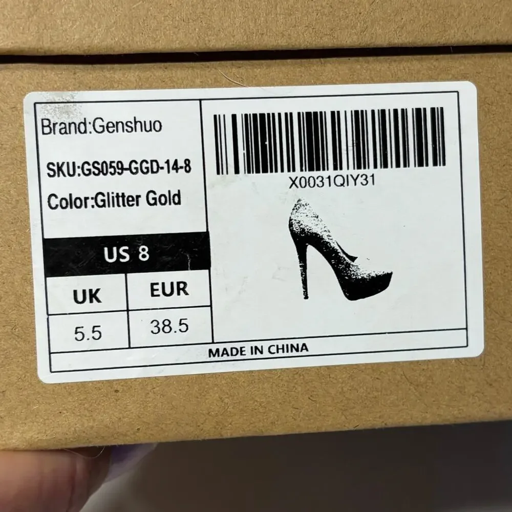 Genshuo Heels Pumps Stiletto Gold Glitter 5.5